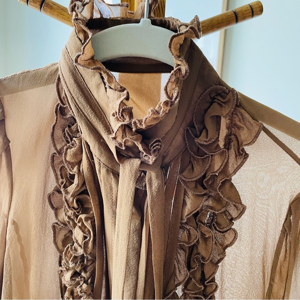 Maurizio Pecoraro Silk Sheer Blouse with Tie and Ruffled Front and Cuffs - Picture 5 of 8